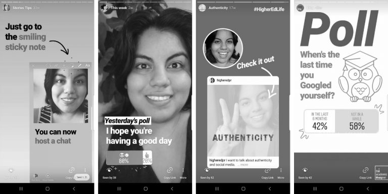 4 panel of Instagram stories: tip story with text and screenshot, poll results, share a post to stories, and text-based story