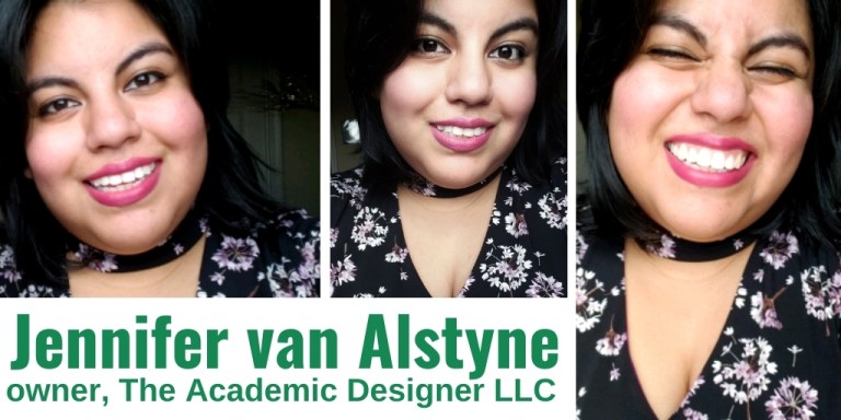 3 photos of Jennifer van Alstyne of The Academic Designer LLC. Jennifer is smiling in each headshot, wearing a black dress with purple flowers on it.