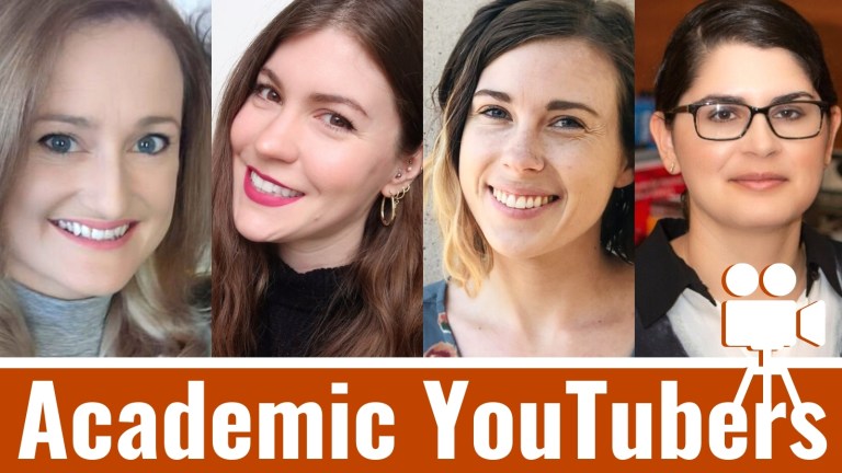 Graphic with headshots of the Academic YouTubers: Susan Heavey, Franziska Sattler, Nichole Lewis, and Erika Romero
