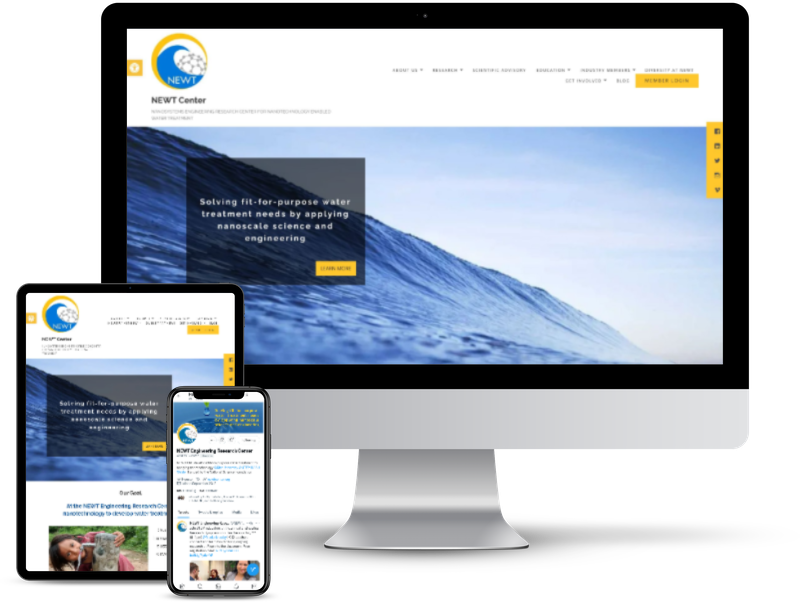 A screenshot of the NEWT Center website on desktop and tablet, with a screenshot of the NEWT Center Twitter profile
