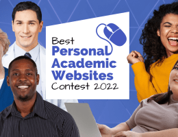 The Best Personal Academic Websites Contest 2022 Logo is at the center of this graphic. To the left are three people: a black man smiling in a black and gray striped shirt, an older woman with glasses and a blue button down sweater, and a man with brown hair wearing a lab coat and tie. On the right side is a young black woman wearing a yellow sweater with her hands raised. Her eyes are squinting and mouth wide in an excited smile. Below her is a larger woman with brown hair smiling. She has a laptop in her hands.