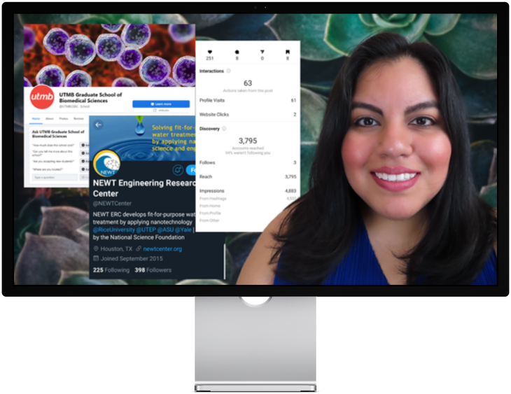 A desktop monitor screen with Jennifer van Alstyne against a succulent background. On the screen are screenshots of social media profiles and social media post analytics