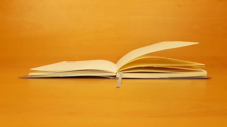 An open book with a yellow background
