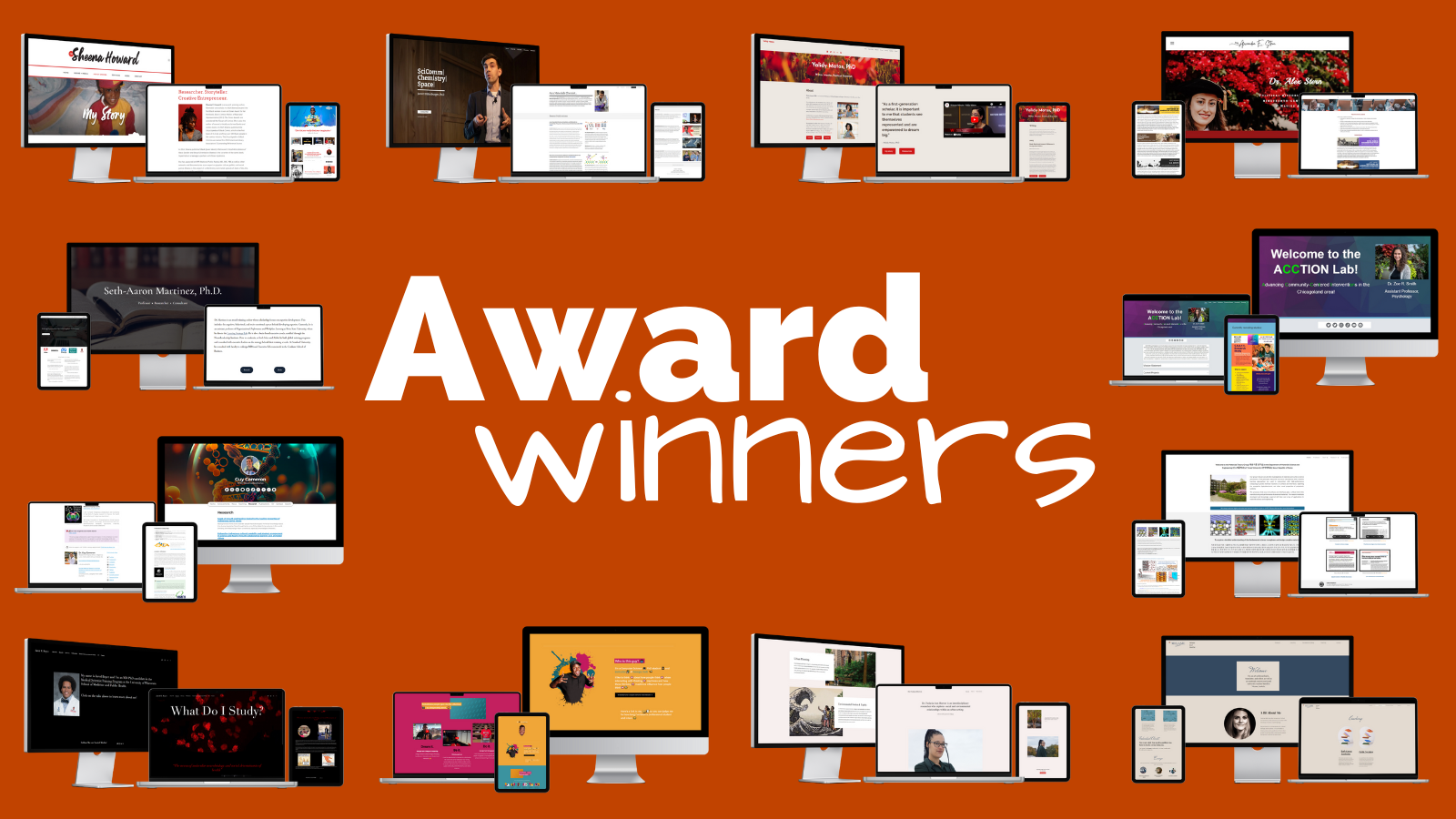 Screenshots of the 12 winning websites in the 2023 Best Personal Academic Websites Contest