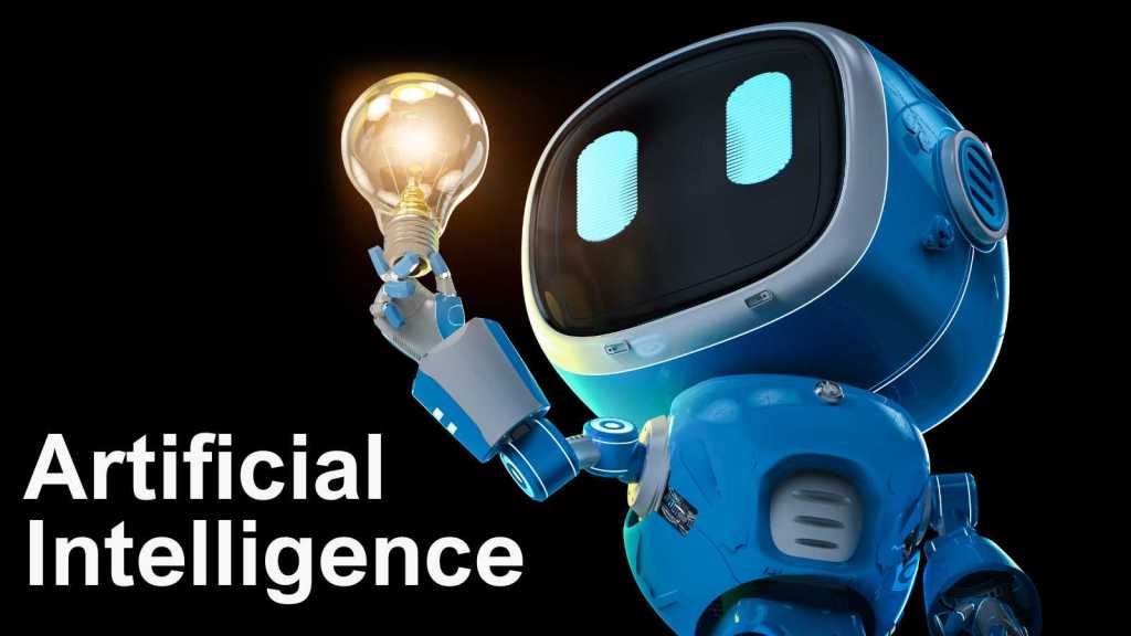 A cute blue robot with large eyes hold up a lightbulb. Text reads 'artificial intelligence'