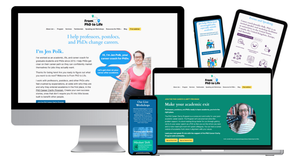 From PhD to Life from Jennifer Polk website on Desktop, laptop, mobile, and tablet screens