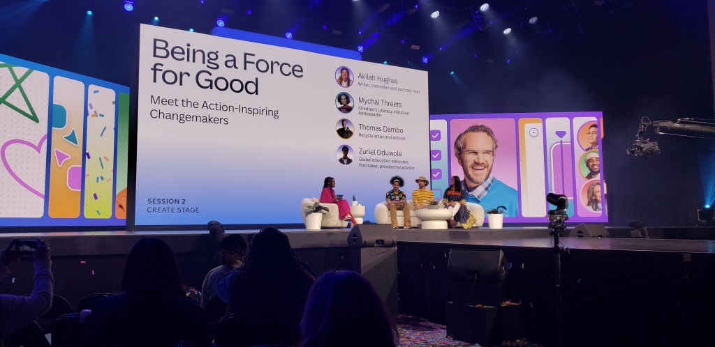 Canva Create stage with a panel of speakers on Being a Force for Good: Meet the Action-Inspiring Changemakers with 4 people on stage.