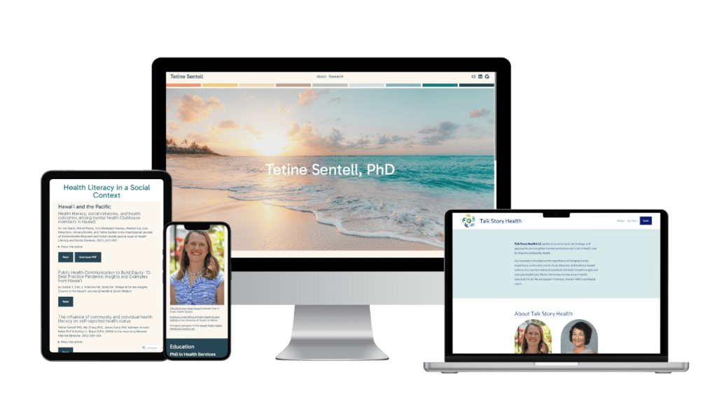 Pages Tetine Sentell's personal academic website and consulting website on tablet, mobile, desktop, and laptop screens.