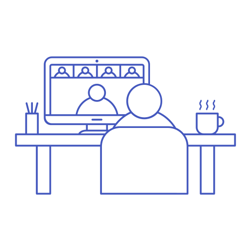 Icon of a person at their desk with a cup of coffee. On their computer monitor, a Zoom meeting is in progress.