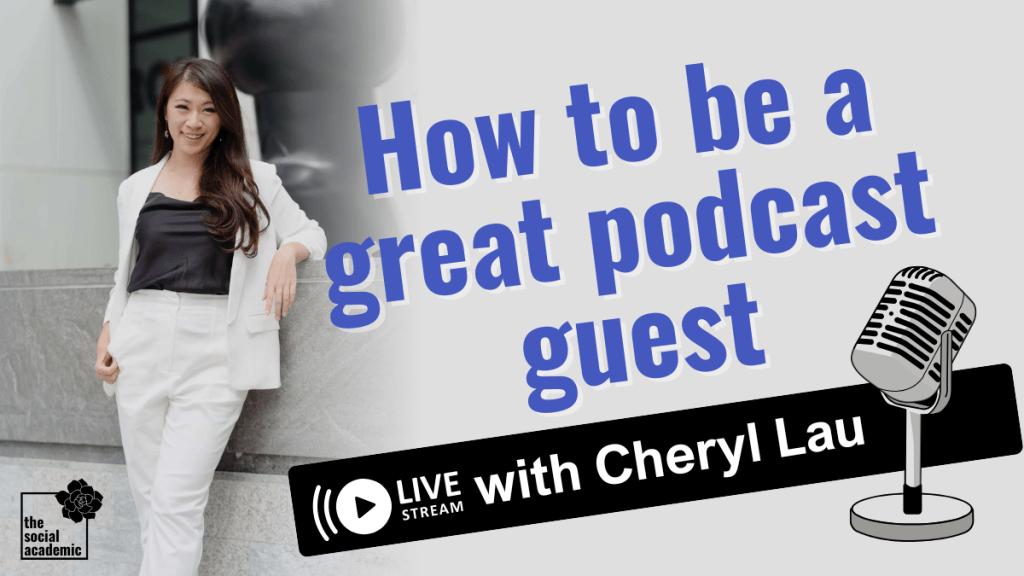Cheryl Lau leans on a stone wall. This episode of The Social Academic features Cheryl talking about How to Be a Great Podcast Guest. This is a livestream.