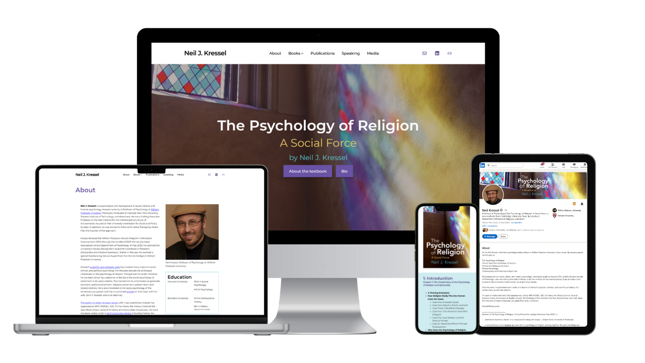 Dr. Neil Kressel Website and LinkedIn profile on laptop, desktop, mobile, and tablet screens
