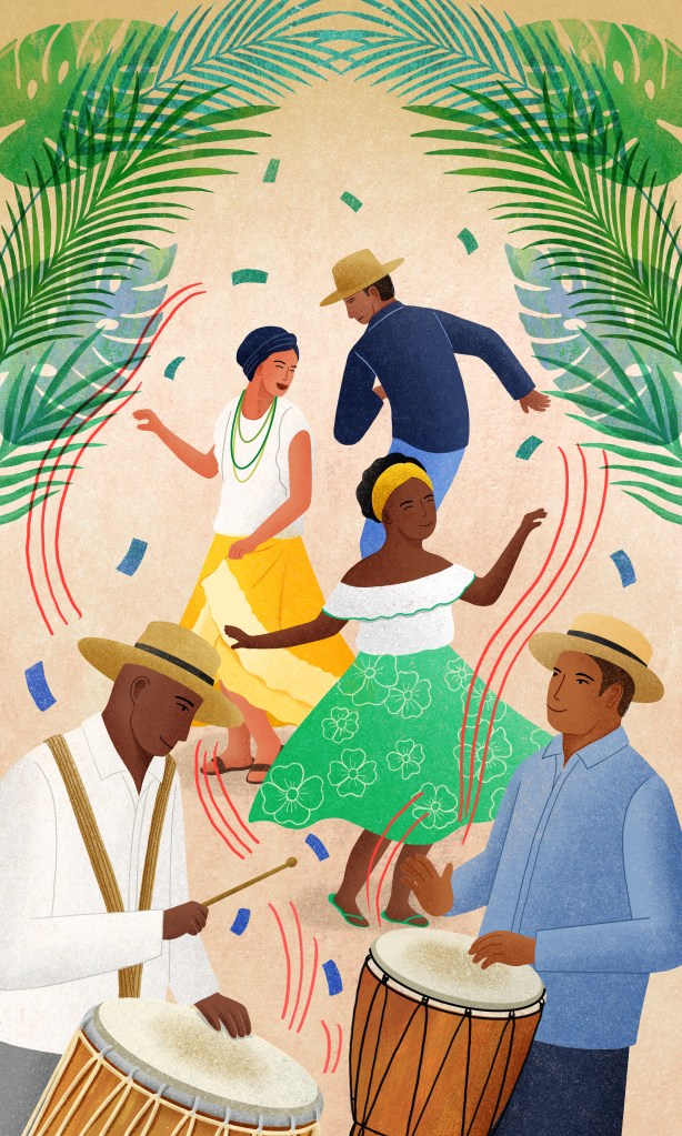 An illustration by Sunnu Rebecca Choi for the Public Health Resonance Project of 3 people dancing Samba and 2 people playing the drums