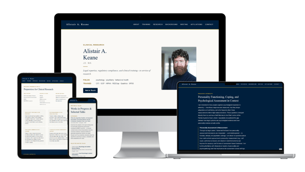 Alistair Keane's 1-page personal academic website on desktop, tablet, mobile, and laptop screens.