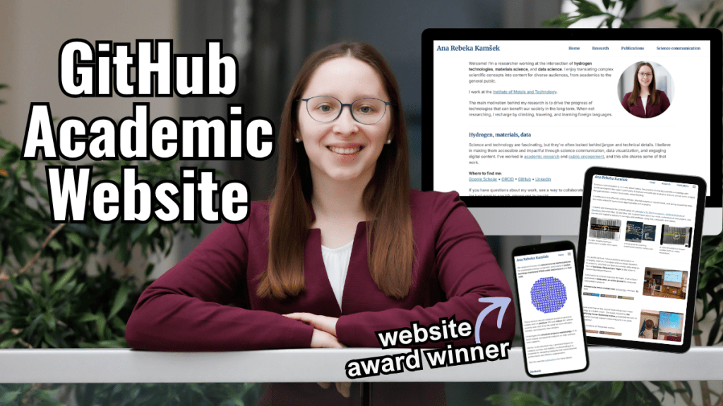 Dr. Ana Rebeka Kamsek is featured on The Social Academic Podcast to share her GitHub hosted academic website. A photo of Rebeka smiling along with a mockup of her academic website on desktop (homepage), mobile (Publications page), and tablet (Science Communication page).