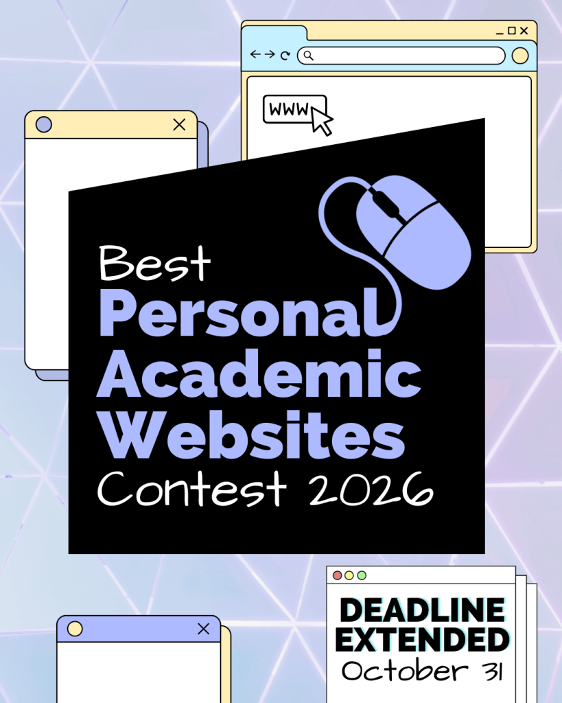 The text Best Personal Academic Websites Contest 2026 is centered on a black background, with a light blue computer mouse icon above. The background features a light purple grid pattern and several floating, semi-transparent browser windows, one of which displays DEADLINE EXTENDED.