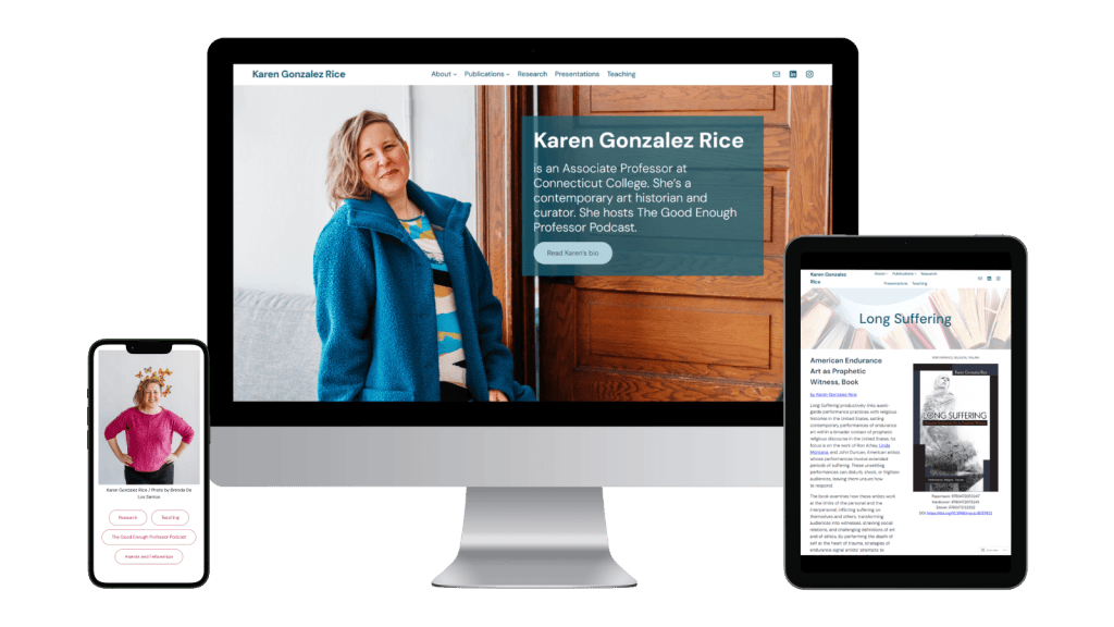 A desktop shows Karen Gonzalez Rice’s bio. Beside it, a phone displays a woman in a pink shirt and tan skirt, while a tablet shows a webpage titled Long Suffering. All three screens have white backgrounds and clean, modern layouts.