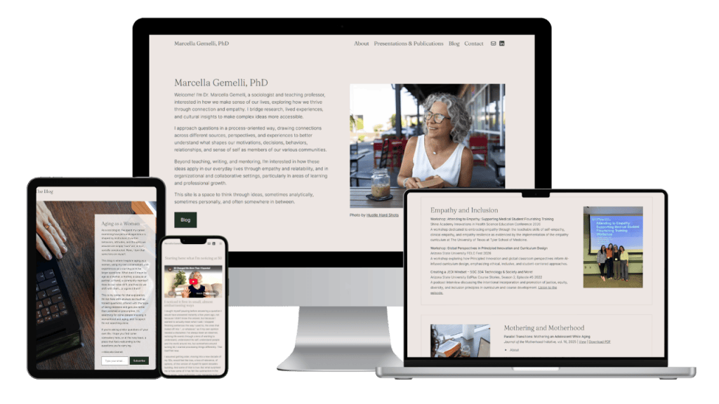 A desktop, laptop, tablet, and smartphone display a website for Marcella Gemelli, PhD. The site features her photo, biography, blog, and sections on empathy, inclusion, and motherhood, using a clean, neutral-toned layout.