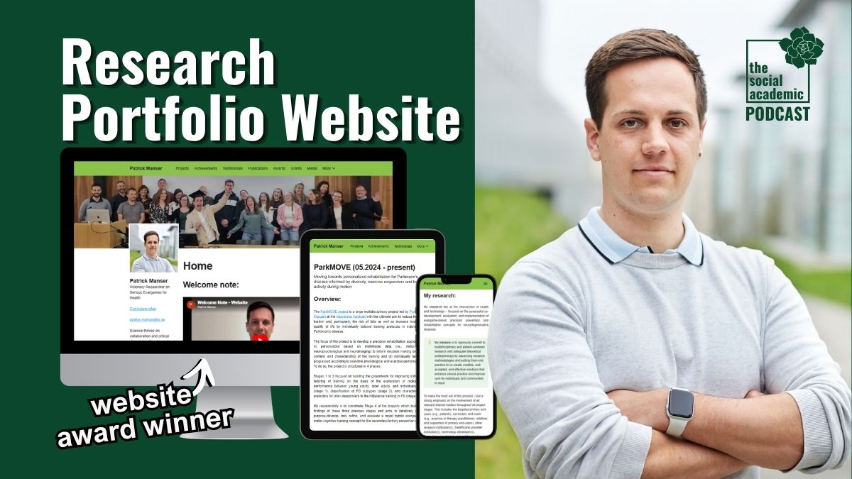 A man with short brown hair, arms crossed, stands confidently outdoors. To the left, text reads Research Portfolio Website with website award winner pointing to a laptop and phone showing a research site. The Social Academic Podcast logo appears in the top right.