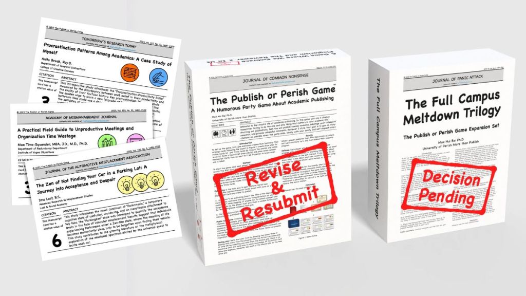 Three parody academic papers and two board game boxes titled The Publish or Perish Game and The Full Campus Meltdown Trilogy, with red stamps reading Revise & Resubmit and Decision Pending; papers feature humorous fake academic topics.