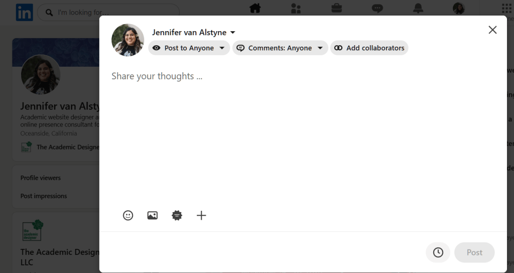 LinkedIn post creation window for Jennifer van Alstyne. Text box says Share your thoughts... Post visibility and comment settings are set to Anyone. Buttons for emojis, image, and more appear below the box. The Post button is grayed out.