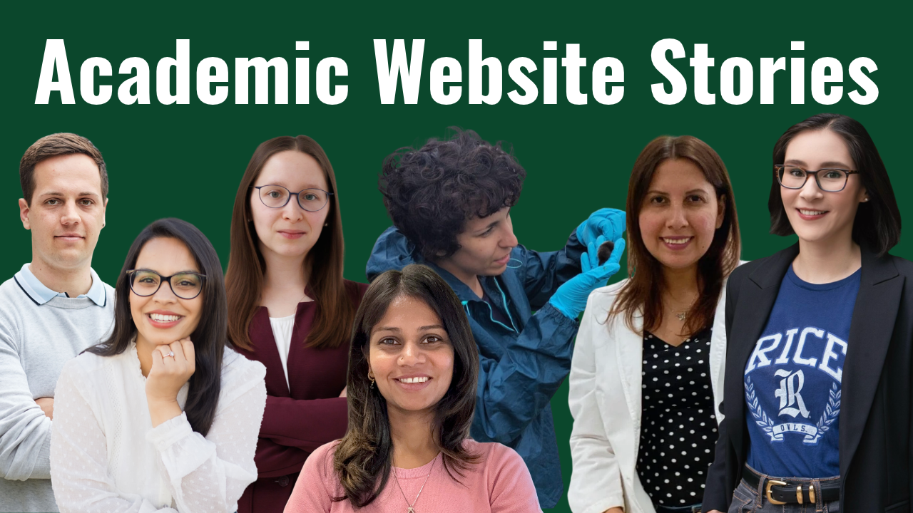Seven people are arranged against a dark green background with the text Academic Website Stories at the top. The group includes individuals in professional or casual attire, one person wearing lab gear, and all are posing for the camera with neutral or smiling expressions. People included from right to left: Patrick Manser, Hira Javed, Ana Rebeka Kamšek, Akshata Naik, Cecilia Baldoni, Erika Iveth Cedillo-González, and Allie Sinclair
